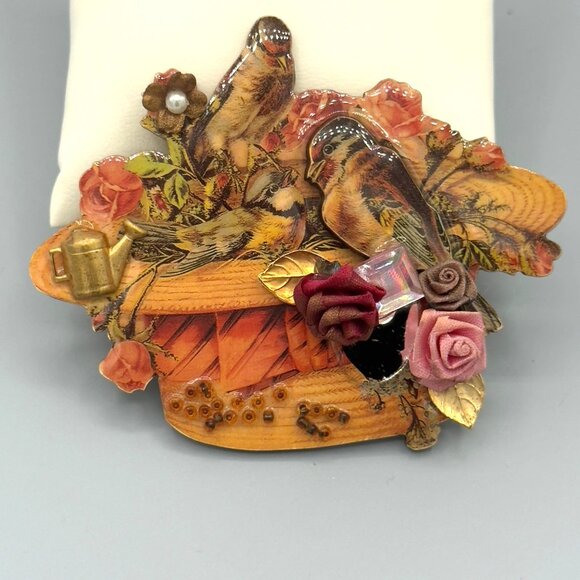 Vtg Avant Garde Creations By Frances Handcrafted Wooden Bird Flower Brooch - Picture 1 of 14